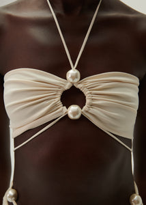Halterneck pearl bandeau top in cream