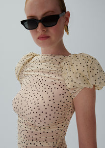 Puff sleeve ruched blouse in cream dots