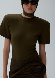 Ribbed short sleeve bodysuit in khaki