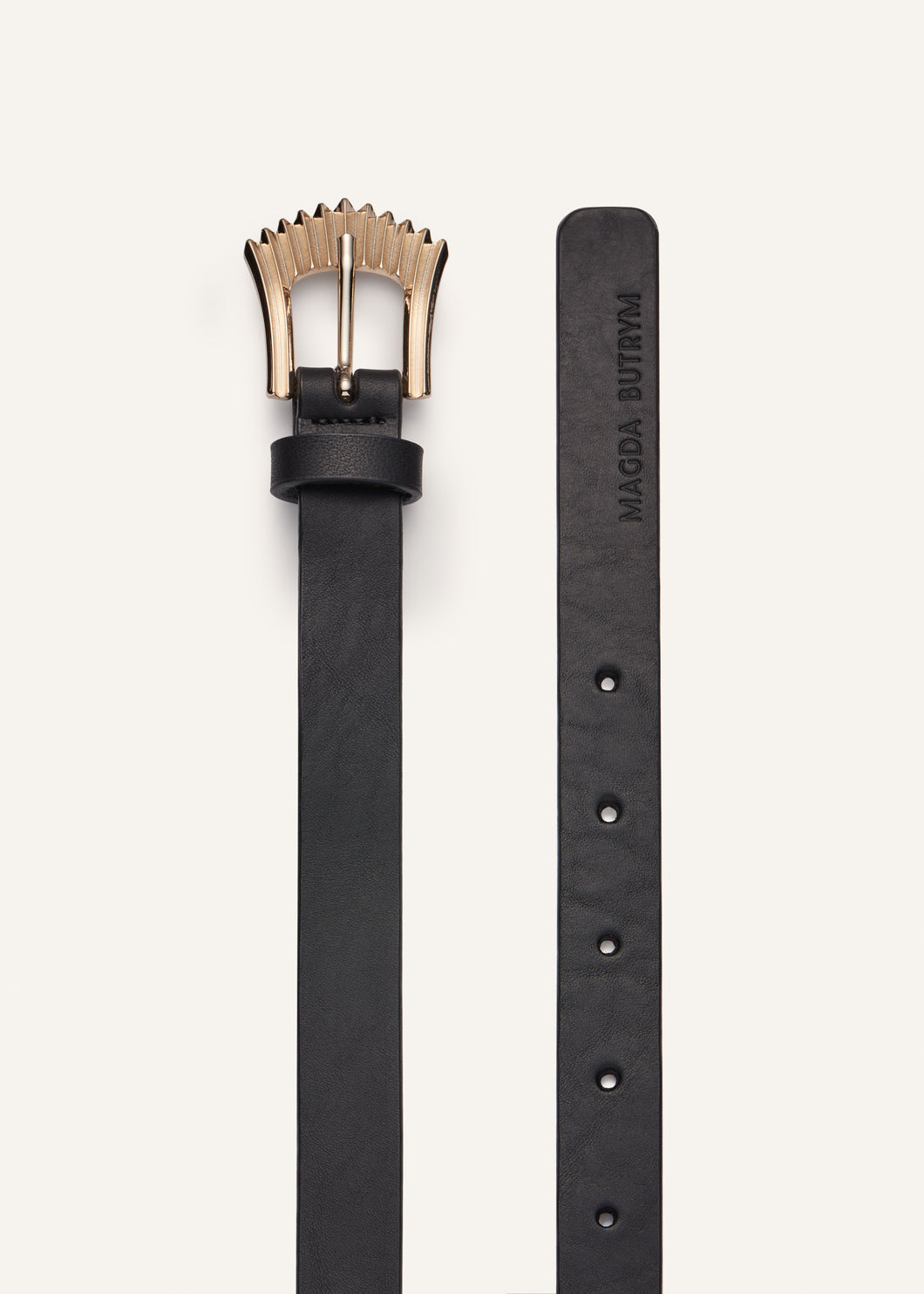 Thin gold deco belt in black leather