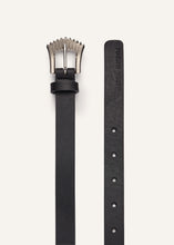 Load image into Gallery viewer, Thin silver deco belt in black leather
