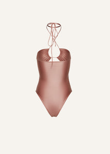 Criss cross halter swimsuit in metallic blush