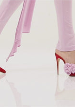 Load and play video in Gallery viewer, Pink flower appliqué pointed mules in red satin
