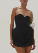 Load and play video in Gallery viewer, Strapless draped hip mini dress in black
