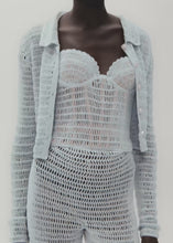 Load and play video in Gallery viewer, Cropped crochet jacket in light blue
