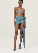 Load and play video in Gallery viewer, Asymmetrical draped swim skirt in denim print
