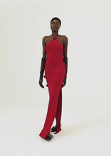 Load and play video in Gallery viewer, Open side rosette halter jersey maxi dress in red
