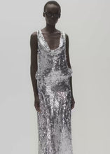 Load and play video in Gallery viewer, Cowl neck sequin dress in silver
