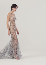 Load and play video in Gallery viewer, Sheer floral printed gown in grey print

