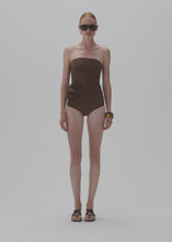 Load and play video in Gallery viewer, Flower appliqué strapless draped swimsuit in brown
