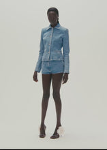 Load and play video in Gallery viewer, Fitted denim peplum blazer in light blue
