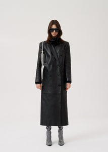 Long leather tailored coat in black