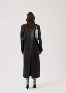 Long leather tailored coat in black