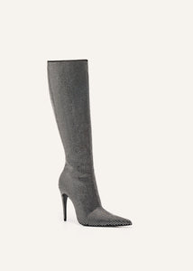 Tall pointed toe boots in black diamante crystals