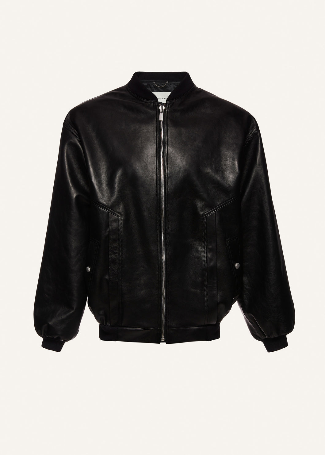Oversized leather bomber jacket in black