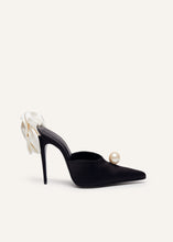 Load image into Gallery viewer, PF23 FLOWER HEEL MULES SATIN BLACK PEARL
