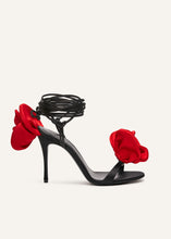 Load image into Gallery viewer, RE23 FLOWER SHOES BLACK SATIN RED FLOWER
