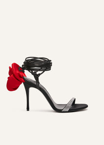 RE23 FLOWER SHOES BLACK SATIN WITH STRASS RED FLOWER