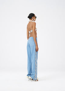 Flower embroidered denim in blue