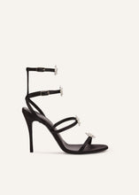 Load image into Gallery viewer, RE23 STRAPPY SANDAL BLACK SATIN CRYSTAL FLOWERS
