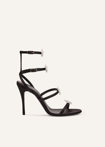 RE23 STRAPPY SANDAL BLACK SATIN CRYSTAL FLOWERS