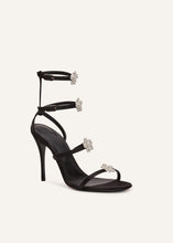Load image into Gallery viewer, RE23 STRAPPY SANDAL BLACK SATIN CRYSTAL FLOWERS
