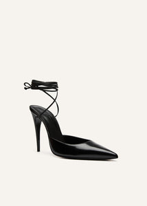 Pointed-toe mule wrap pumps in black leather