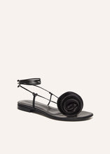 Load image into Gallery viewer, SS23 WRAP AROUND FLAT FLOWER SANDALS SATIN BLACK
